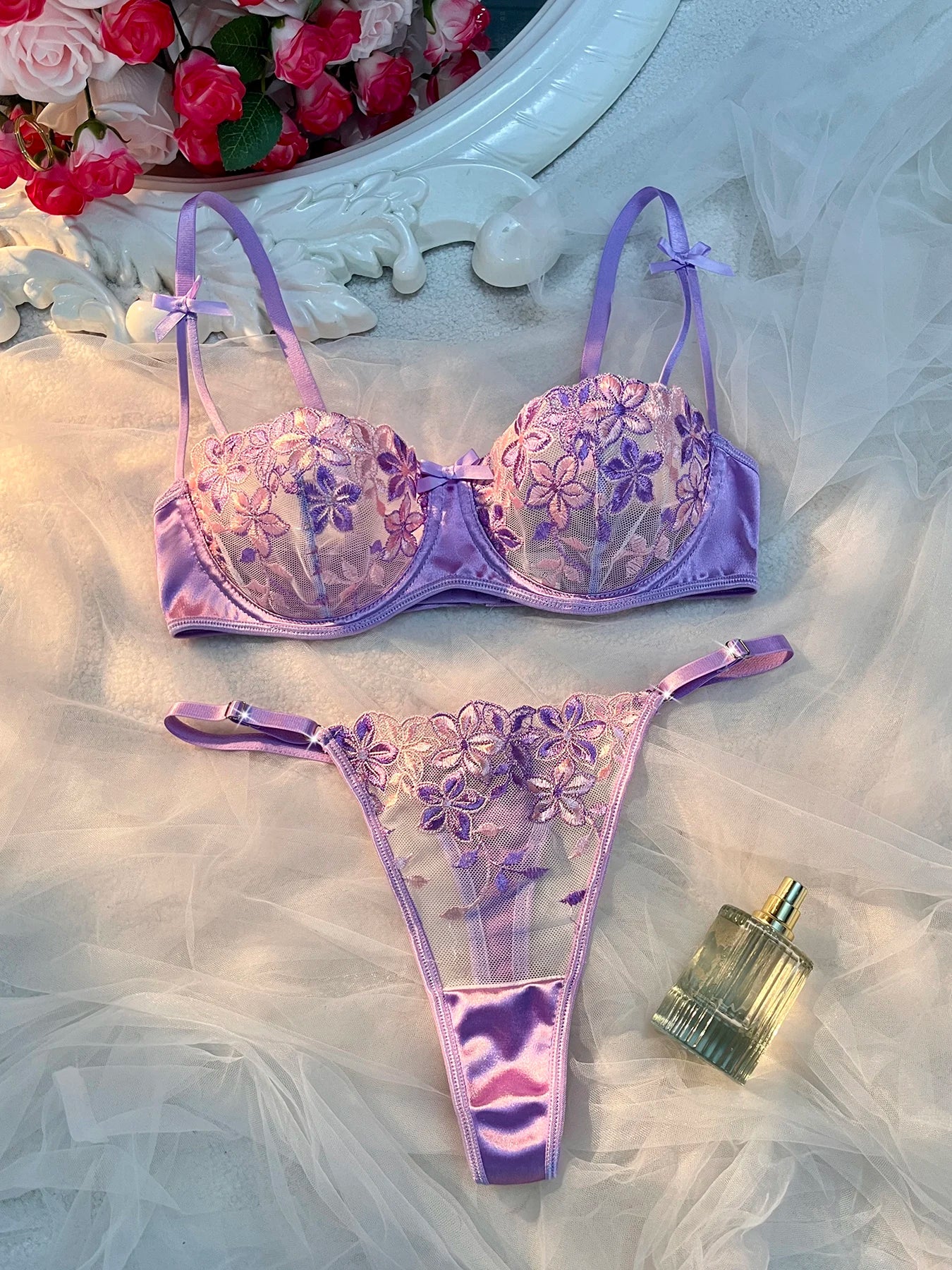 Sexy Mesh Embroidery Lingerie Set with Satin Strap