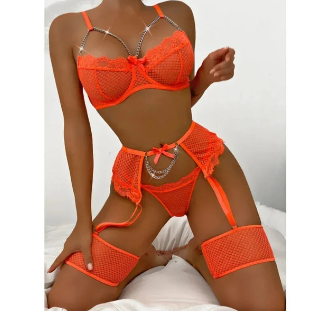 Lace Garter Lingerie Set with Metal Chain Accents
