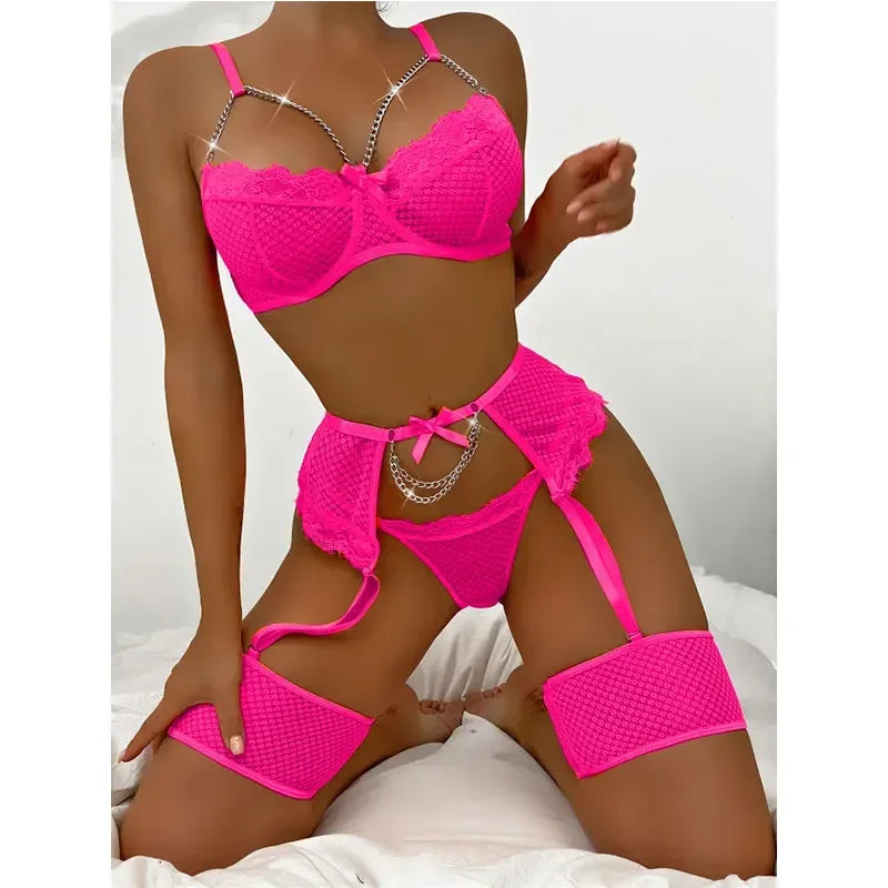 Lace Garter Lingerie Set with Metal Chain Accents