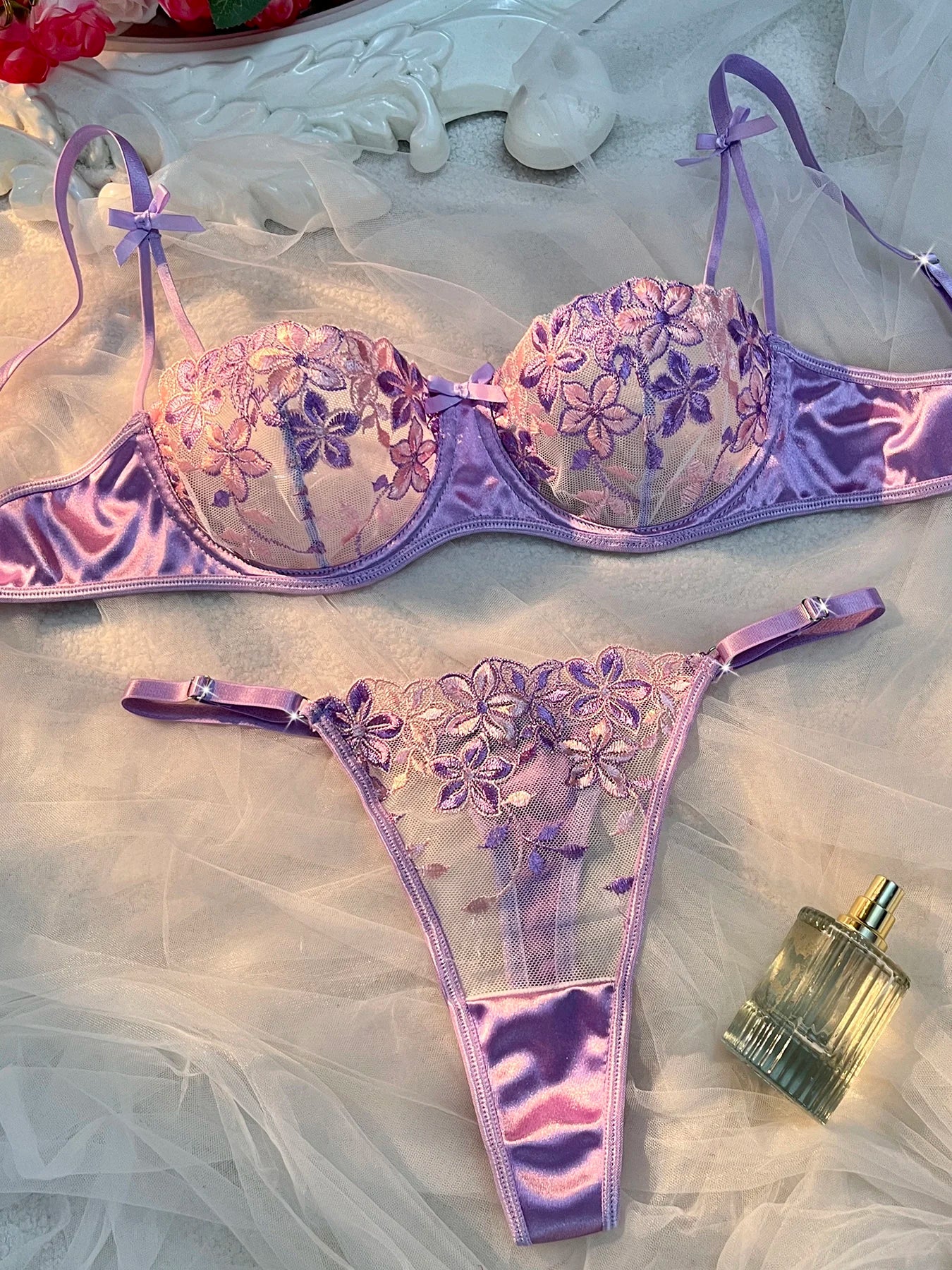 Sexy Mesh Embroidery Lingerie Set with Satin Strap