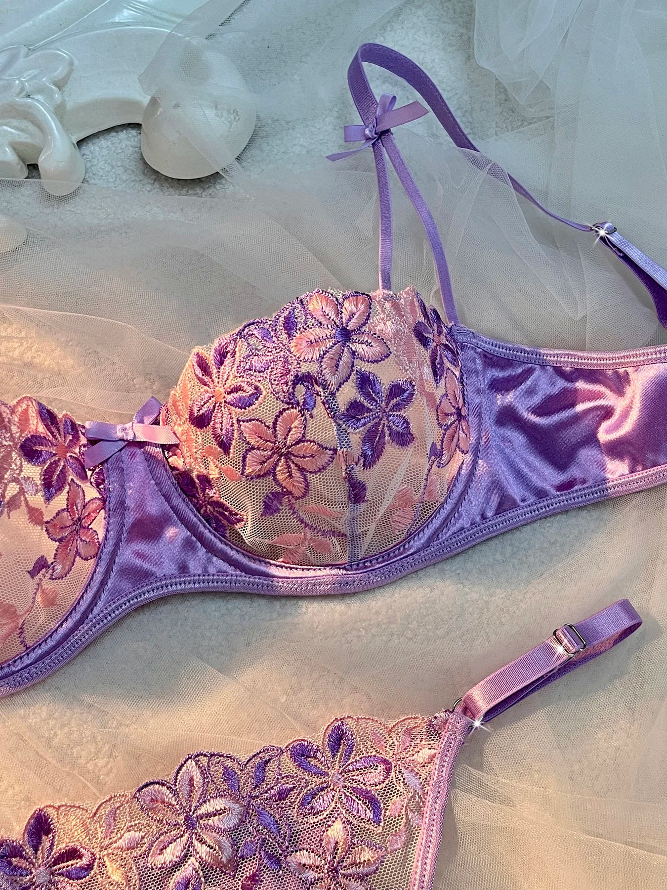 Sexy Mesh Embroidery Lingerie Set with Satin Strap