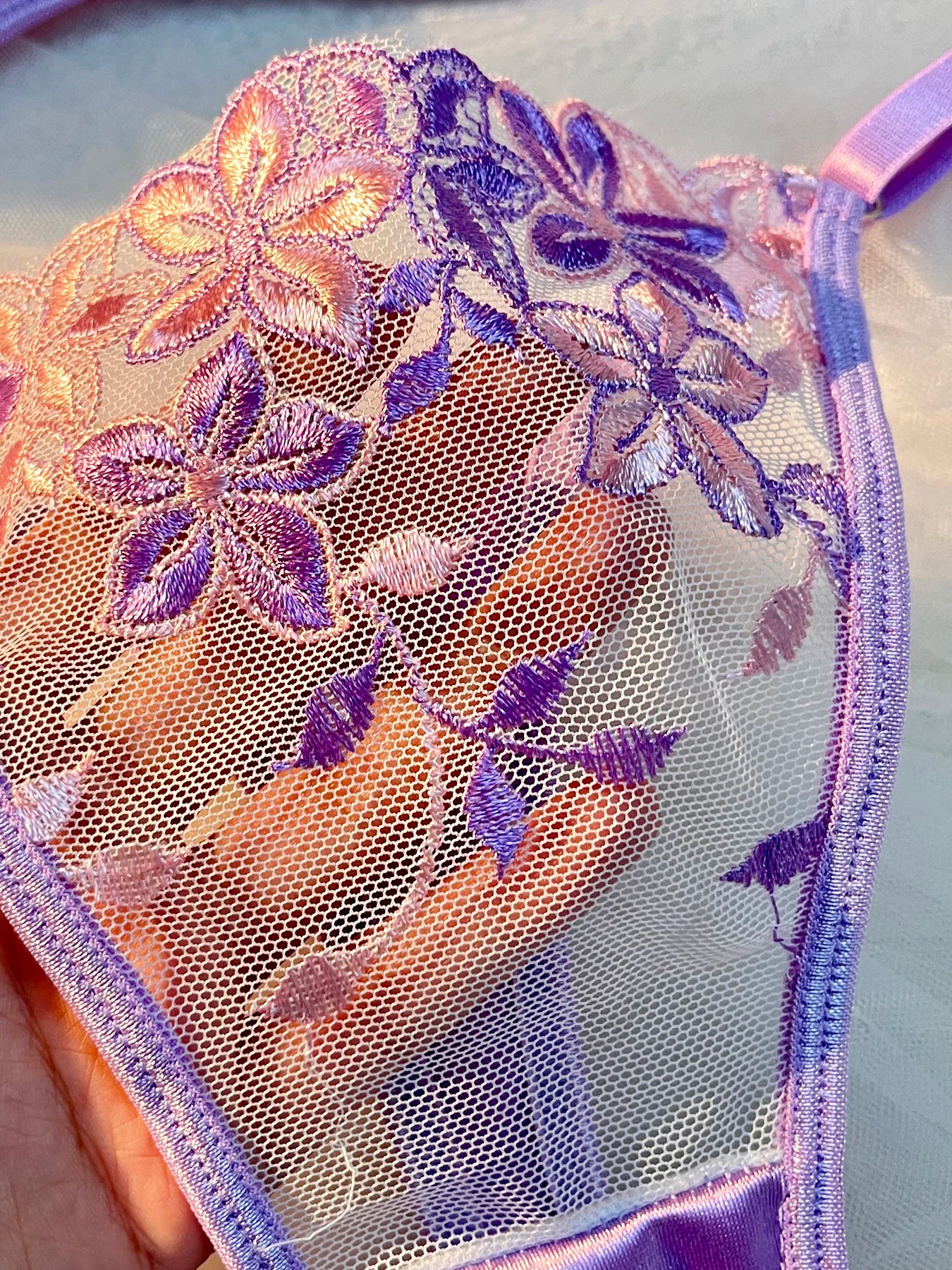 Sexy Mesh Embroidery Lingerie Set with Satin Strap