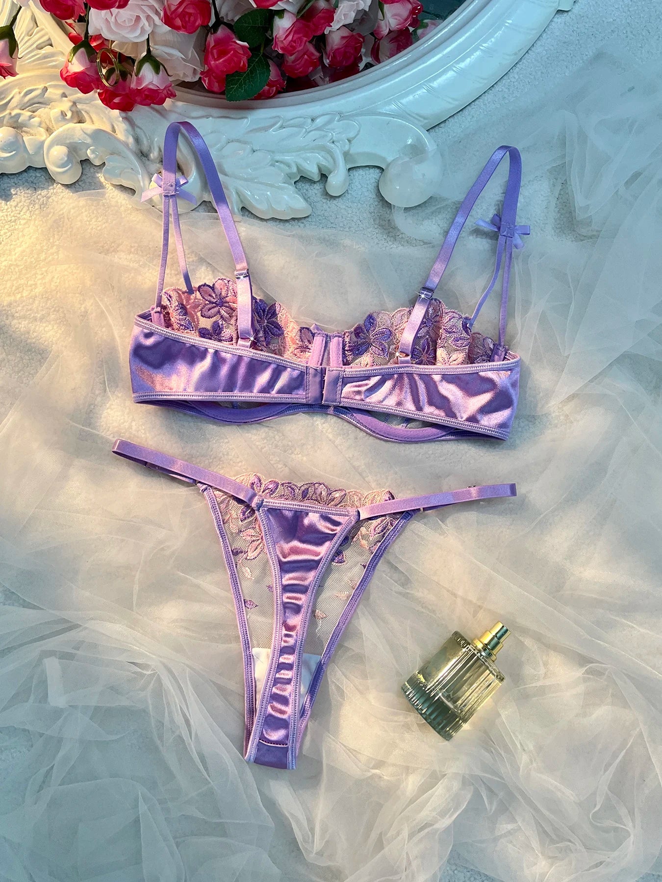 Sexy Mesh Embroidery Lingerie Set with Satin Strap