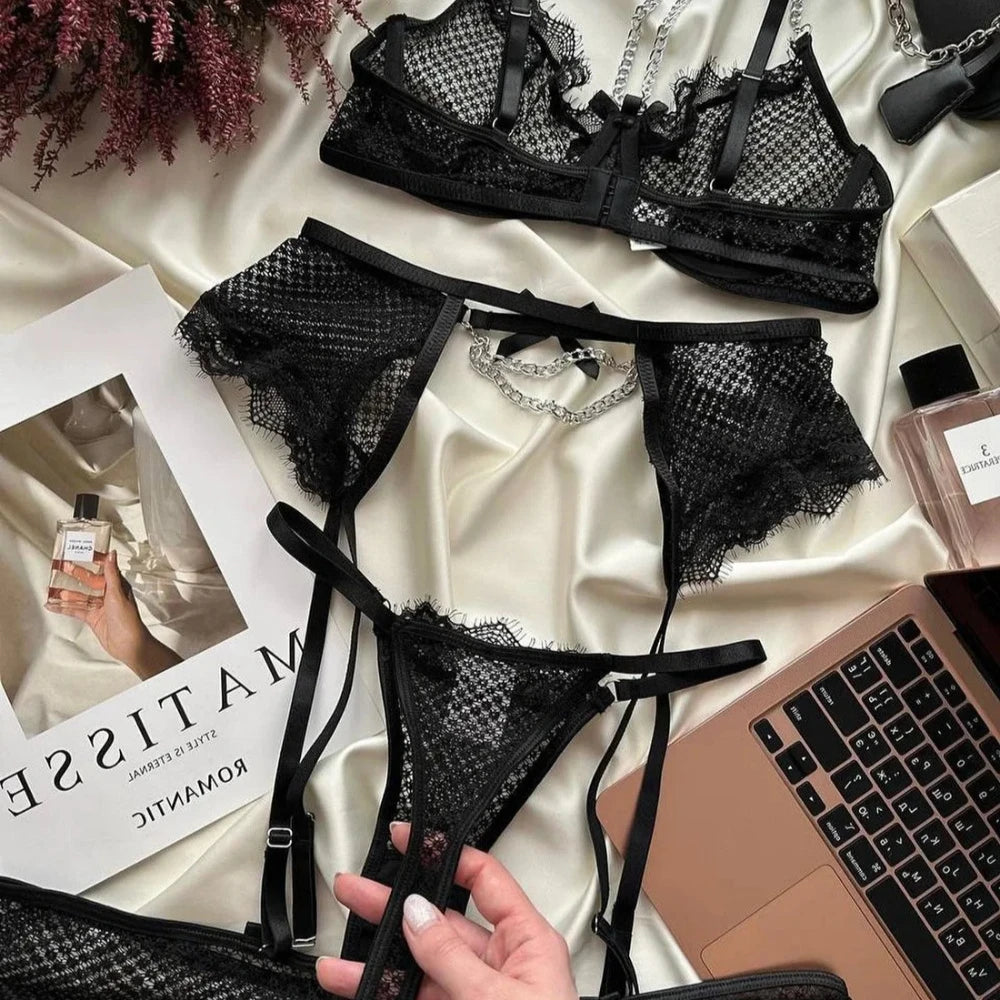 Lace Garter Lingerie Set with Metal Chain Accents