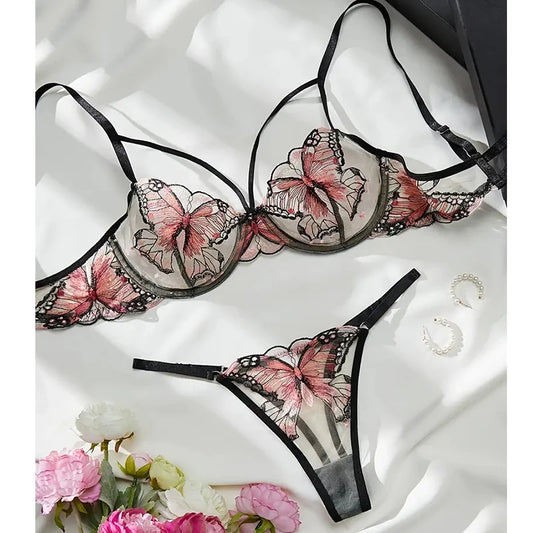 Embroidered Butterfly Bra and Panty Lingerie set- 2PC