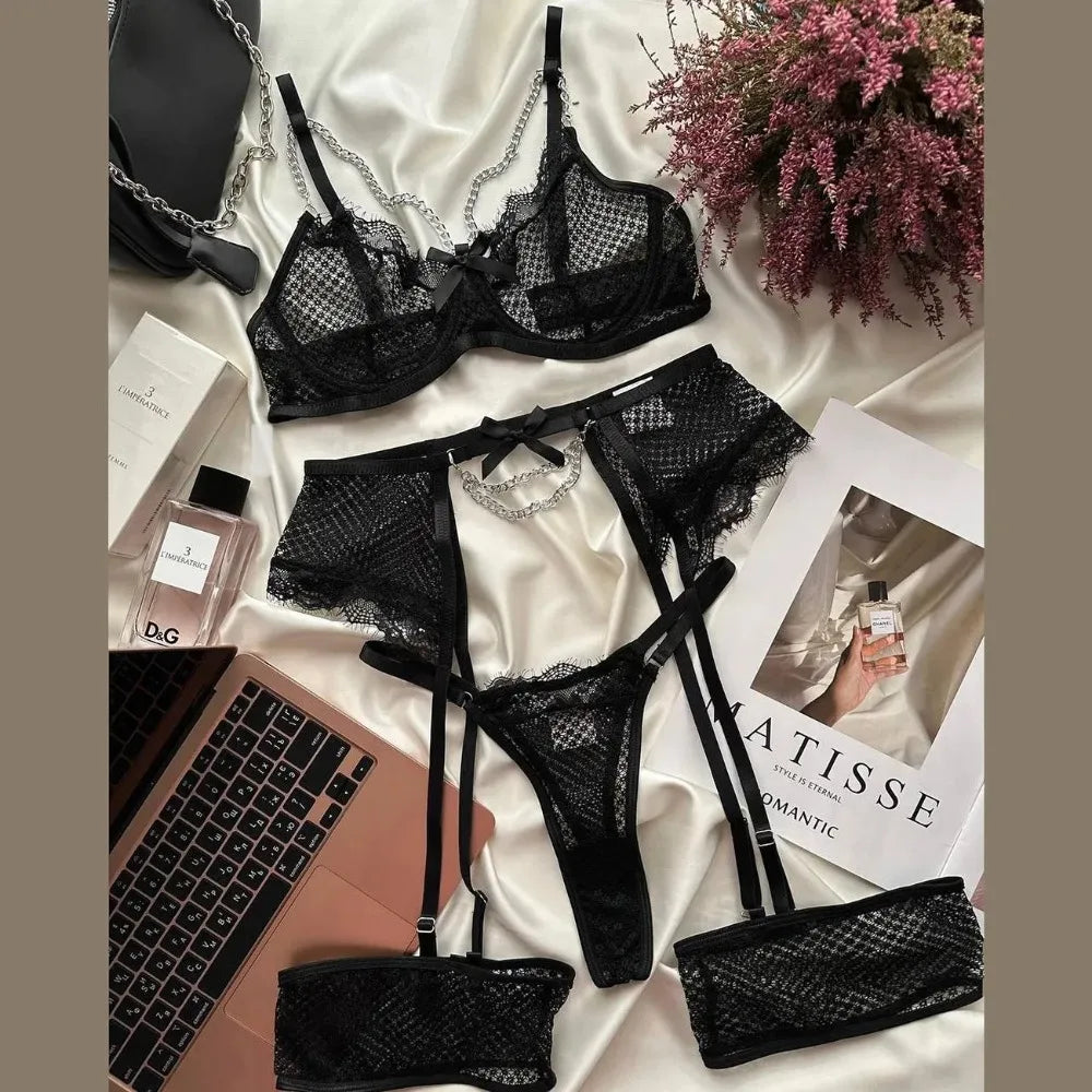 Lace Garter Lingerie Set with Metal Chain Accents