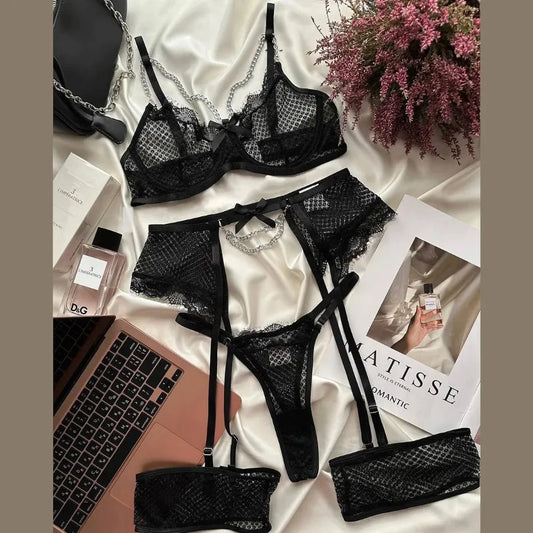Lace Garter Lingerie Set with Metal Chain Accents